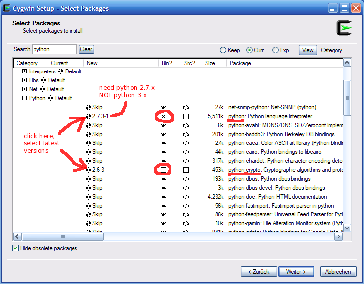 how to select packages cygwin installation