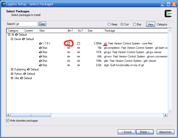 how to select packages in cygwin installation