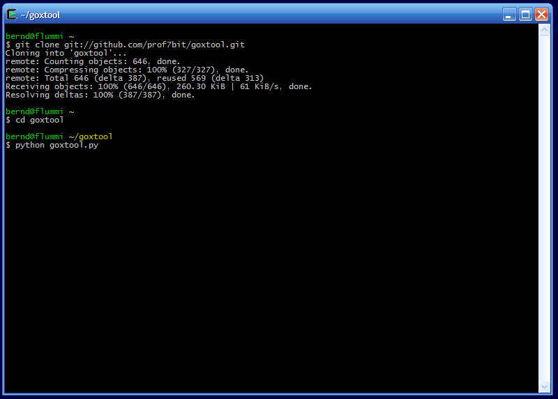 Screenshot: Install goxtool with git and then start it